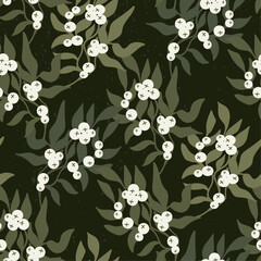Green branches and winter berries seamless pattern