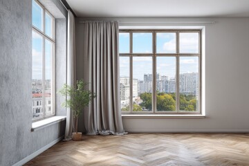 Fototapeta premium Empty room with large windows showcasing a sprawling cityscape view above green trees
