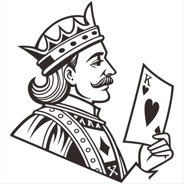 Monochrome vector illustration of the King of Hearts playing card in a bold style, ideal for themes of playing cards, games, or royalty.