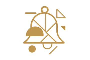 Abstract golden bell drawing a minimalist geometric line art icon, modern design concept on transparent background