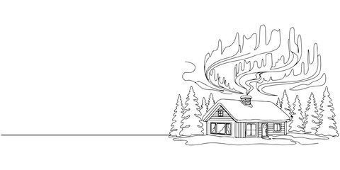 Obraz premium Continuous one line of peaceful winter cabin under northern lights, style hand drawing vector illustration.