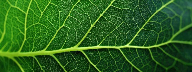 Close-up of a vibrant green leaf, showing intricate veins and textures