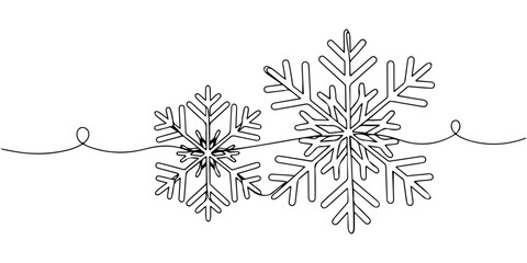 Continuous one line of two snowflakes merging into one, style hand drawing vector illustration.