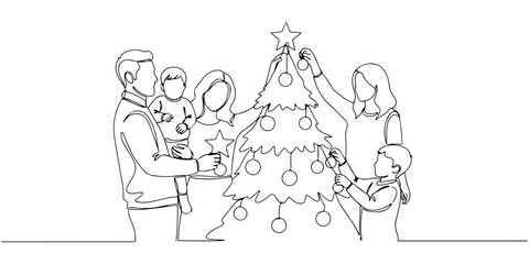 Continuous one line of a family decorating a Christmas tree together, style hand drawing vector illustration.