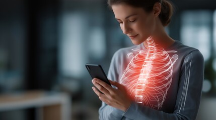 Modern medical app interface with interactive red pain highlight on digital human body, emotion of engagement visible, representing telemedicine diagnostics, health tracking technology, and patient