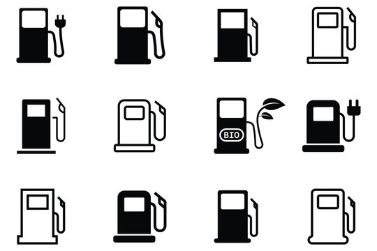 Gas station icon set black filled and outlined style. Gas, oil, fuel, petrol pump Station vector icon set. Pump symbol icon set. Vector illustration.