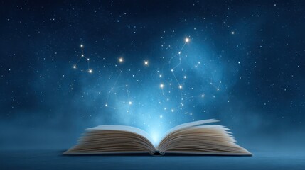 Enchanted Open Book Glowing with Magical Light and Bookmark Floating Among Stars in a Mystical Night Sky