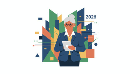 Experienced female executive plans 2026 future using a tablet amidst abstract data graphics