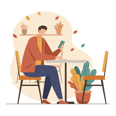 Man uses smartphone at a cafe table surrounded by plants and autumn leaves Digital communication