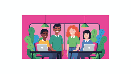 Diverse team collaborating in a vibrant modern office environment using laptops Business teamwork concept