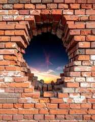 Brick Wall with Hole Revealing Sunset Sky.