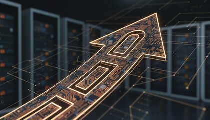 Digital arrow pointing upwards with server racks, symbolizing technology driven growth.