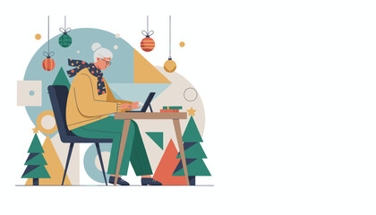 Senior woman uses tablet at a Christmasdecorated desk representing technology and holiday connection