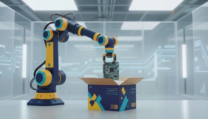 Robotic Arm Assembling Electronic Components in a Modern Factory Setting