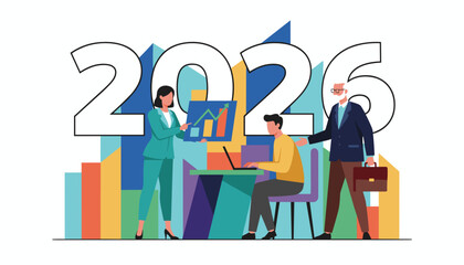 Business team analyzing charts for 2026 growth strategy Flat vector illustration