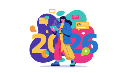 Obraz premium Digital planning for 2026 Businesswoman analyzes data and technology trends on a tablet