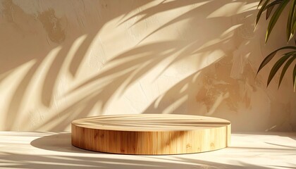 Wooden product display platform with natural light and tropical shadows, perfect for branding