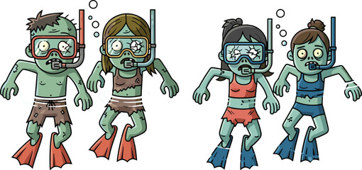 Zombie snorkelers, underwater cartoon, horror humor, swimming scene, flippers and masks, comic style, green skin, beach theme, spooky dive, undead characters