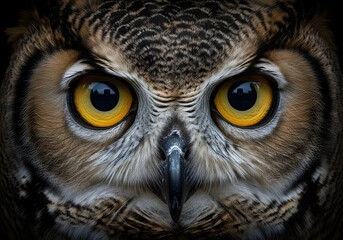 Obraz premium A striking close-up portrait of a great horned owl's intense yellow eyes and detailed facial feathers against a dark background.