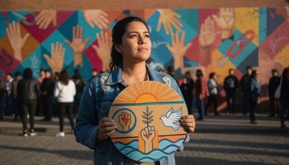 Hispanic woman holding peace sign at a protest for social justice
