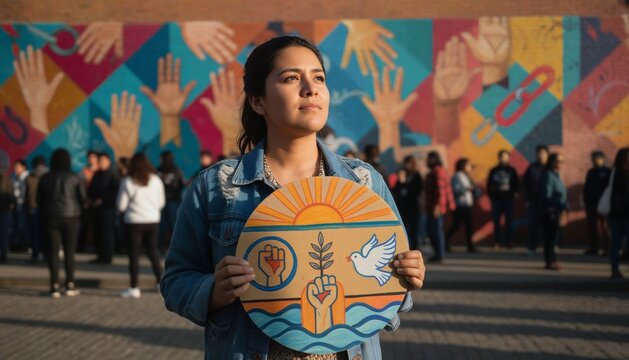 Hispanic woman holding peace sign at a protest for social justice