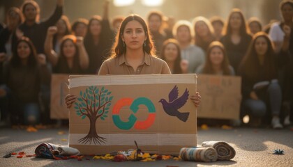 Young Hispanic woman leading a peaceful demonstration for environmental protection.