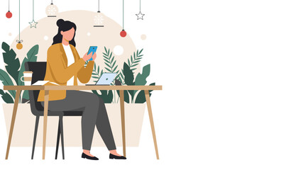 Woman uses phone at her modern desk balancing work and holidays in a stylish plantfilled space