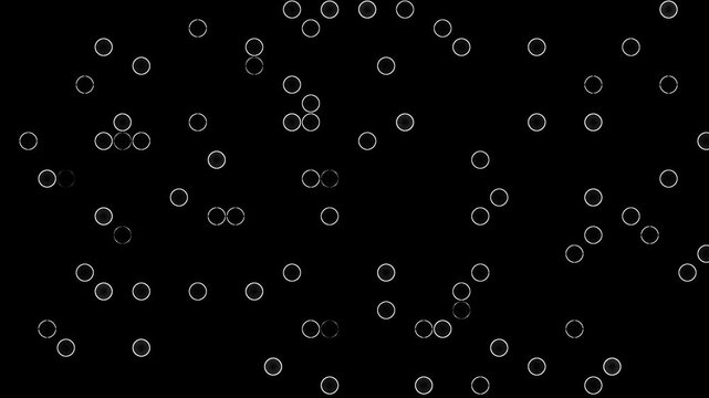 Animation minimalist abstract pattern of white glowing circles scattered on a black background. geometric circle motion.