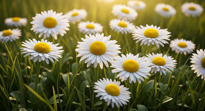 Fototapeta Close up of numerous daisies in green grass with sunlight effect