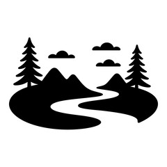 Mountain River with pine tree and cloud symbol icon Silhouette vector style on white background