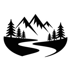 Mountain River with pine tree icon Silhouette vector on white background 
