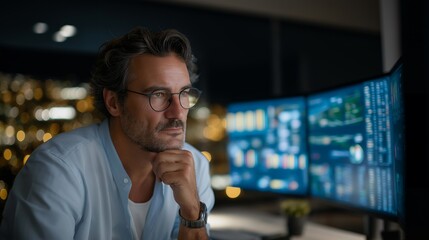 Business analyst preparing interactive dashboards for board presentations, showing focus and creativity, symbolizing corporate reporting, data visualization, strategic insights, and advanced