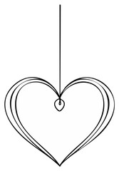 Minimalist black and white line art of a stylized hanging heart ornament for Valentines Day