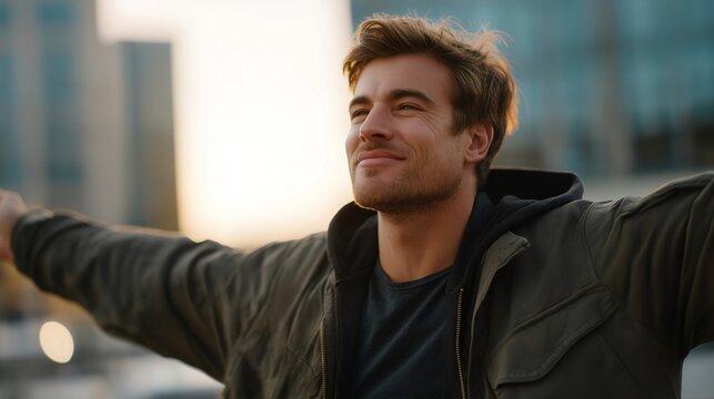 Real estate investor celebrating dramatic residential property value increase in metropolitan district, symbolizing profitable urban development investment, portfolio growth, and emotional