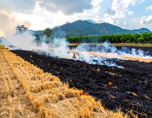 Burning Rice Field After Harvest - Environmental Impact and Agricultural Practices.