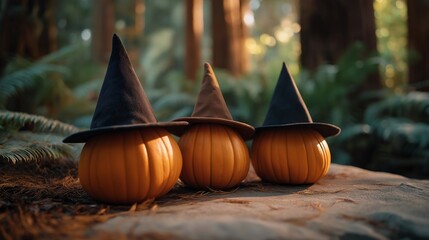 Group of pumpkins wearing witch hats arranged near spooky forest path, emotion of adventure and mystery visible, representing outdoor Halloween decorations, autumn folklore aesthetics, and