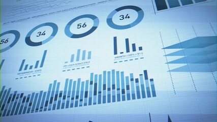 Business Statistics Market And Infographics Layout On Glitch Computer Screen/ Animation of a glitch technology textured business and market data analysis and reports, with infographics layout, bar sta - Powered by Adobe