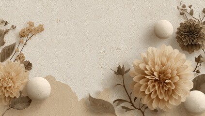 Elegant floral wallpaper with flowers, spheres, and textured background