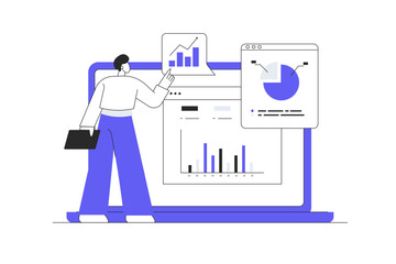 Market research data analysis, analyze business data or financial report, SEO analytics or profit and earning concept. Flat Cartoon Vector Illustration, icon Stylish abstract design landing page web