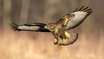Buzzard in Flight - A Bird of Prey Soaring Through the Air.