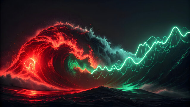 Red and green neon energy waves colliding in dark ocean full hd 4k stock image download water - Powered by Adobe