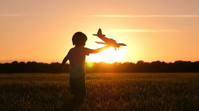Child playing with toy airplane at sunset. Silhouette of boy joyfully holds model aircraft against bright orange sky. Dreamy atmosphere captures imagination and childhood joy.