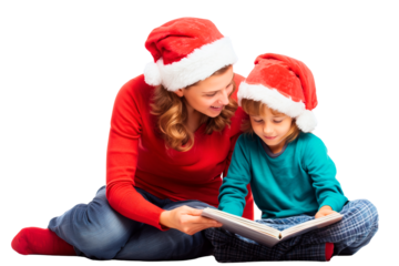 full body of cute blond family: christmas woman and her 7-8 year old baby are sitting on a floor in cozy winter outfit & santa claus hats and reading a book; both isolated over white (transparent)