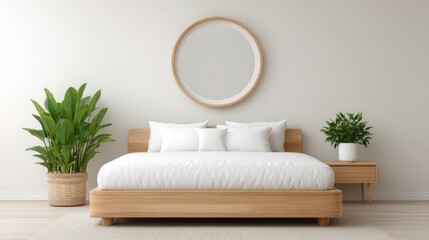 Fototapeta premium Elegant and Minimalistic Bedroom Design Featuring Soft White Mattress with Decorative Pillows and Lush Green Plants in a Bright Space