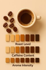 Coffee roast levels caffeine content and aroma intensity chart with beans and cup