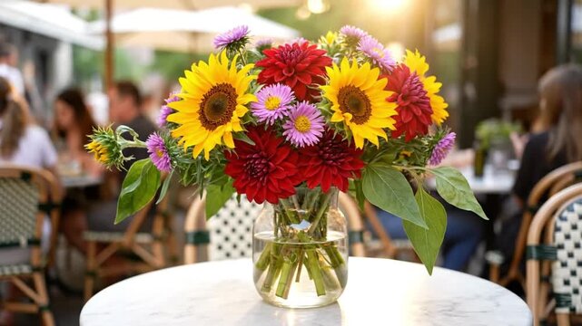 A colorful bouquet of sunflowers, dahlias, and asters adorns an outdoor cafe table at sunset.