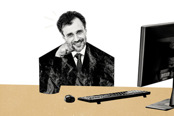 Composite photo collage of happy businessman it master sit office workplace pc monitor keypad mouse...