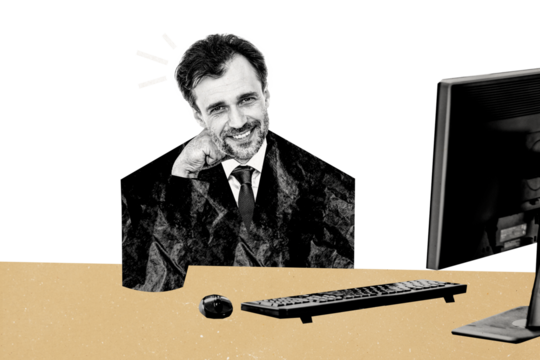 Composite photo collage of happy businessman it master sit office workplace pc monitor keypad mouse isolated on painted background - Powered by Adobe