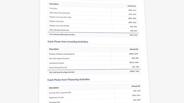 Cash flow statement with quarterly financial analysis and liquidity metrics display