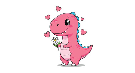 Fototapeta premium Adorable Pink Dinosaur Holding a Flower with Hearts.